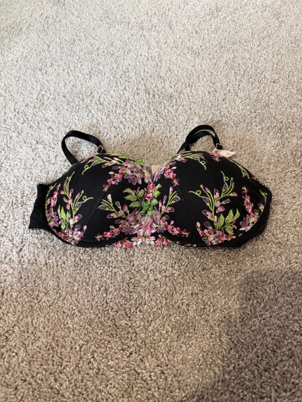 Victoria's Secret Black Bra with Pink & Green Floral Embroidery